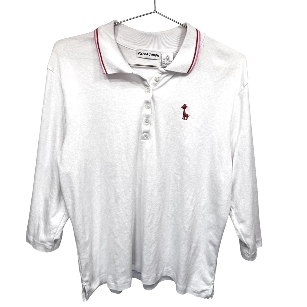 Vintage 80s 3/4 Sleeve Collared White Shirt with Pink Giraffe Logo and Trim